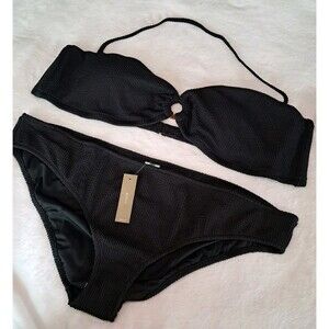 J.Crew Textured Bikini Set Black O-Ring Bandeau Top Hipster Bottoms Size 3X NWT